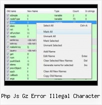Python Rename Javascript Vars php js gz error illegal character